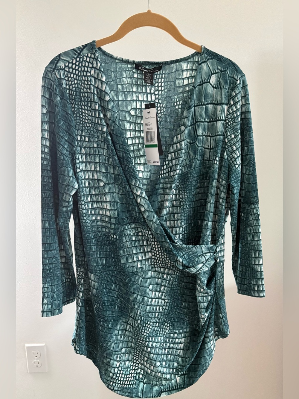 Kenneth Cole Teal Snake-Print Wrap Top NWT Size L